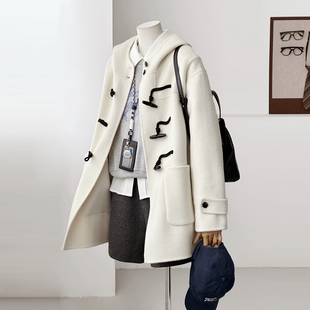 秋冬韩系奶白色双面羊绒大衣牛角扣连帽学院风毛呢外套女百搭HL62