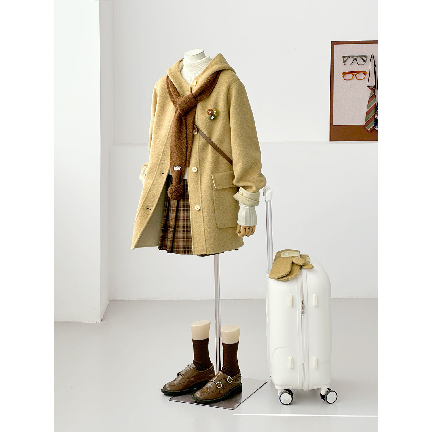 秋冬学院风连帽双面呢羊毛大衣带手套女中长款显瘦小个子外套FS08