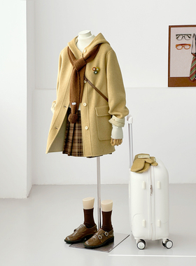 秋冬学院风连帽双面呢羊毛大衣带手套女中长款显瘦小个子外套FS08