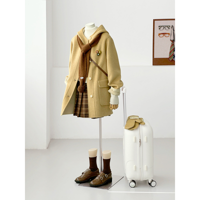 秋冬学院风连帽双面呢羊毛大衣带手套女中长款显瘦小个子外套FS08