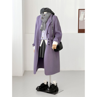 【半山沁岛】韩系紫色毛呢大衣女中长款绵羊毛西装领老钱风ZX12