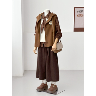 复古日杂风羊毛马甲女连帽单排扣驼色百搭小个子通勤外套ZX20