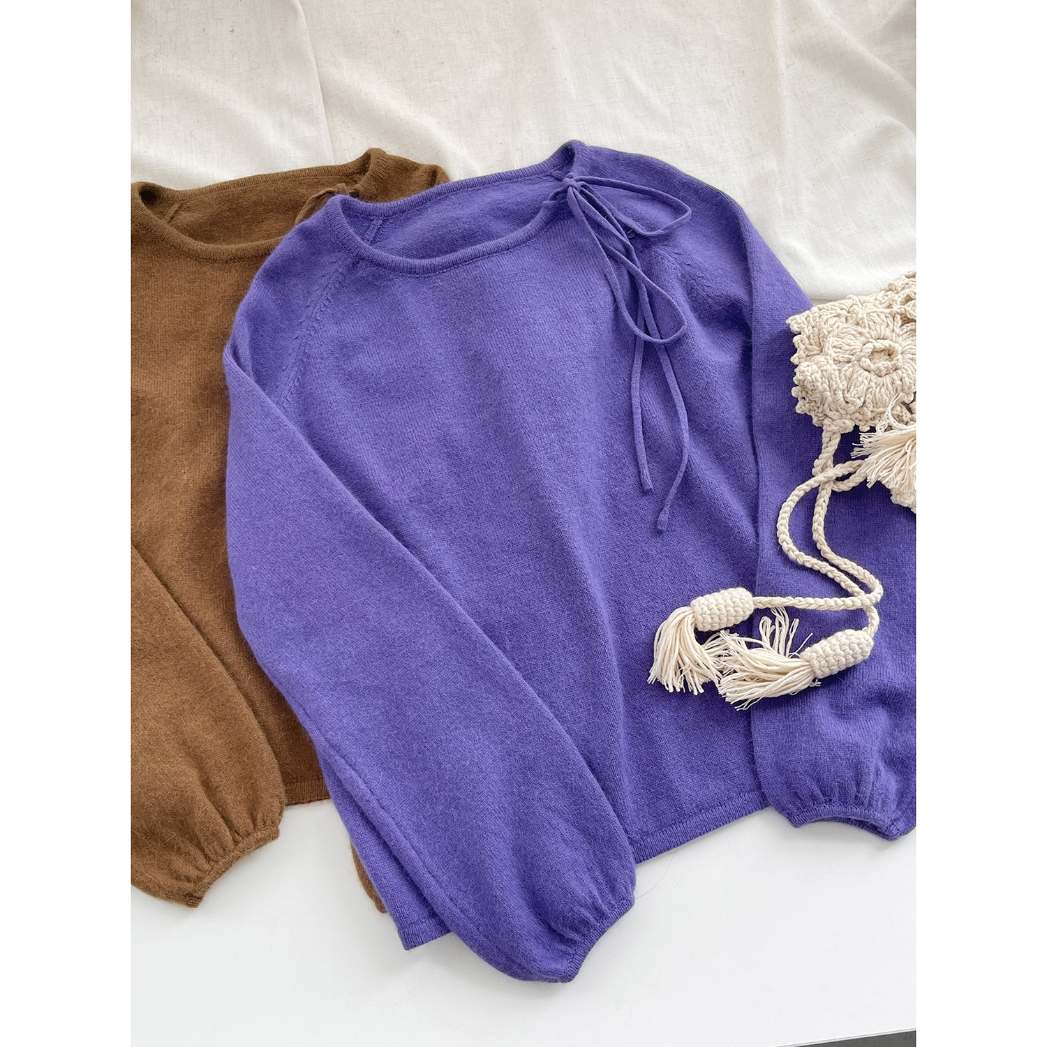 秋冬新甜美蝴蝶结绑带圆领针织衫女套头慵懒风宽松毛衣紫色ZZ064