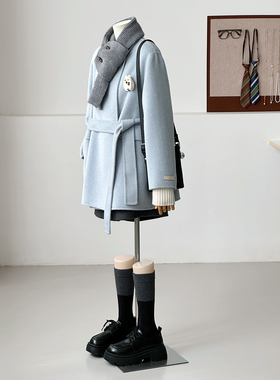 秋冬新显瘦休闲减龄小个子学院风蓝色翻领羊毛毛呢大衣外套HL117
