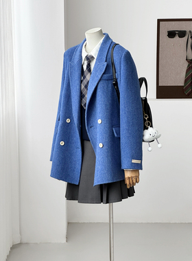 【半花诗季】显瘦休闲桑蚕丝小个子学院风蓝色羊毛大衣外套HL27-3