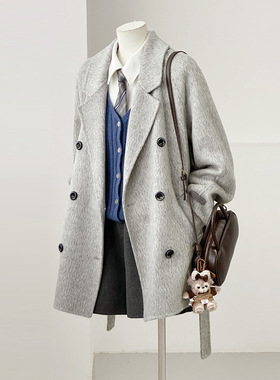 满减冬新通勤韩系简约百搭腰带灰色中长羊毛呢大衣外套HL109-1