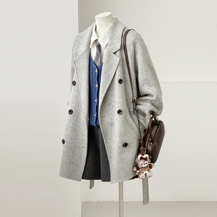 满减冬新通勤韩系简约百搭腰带灰色中长羊毛呢大衣外套HL109-1