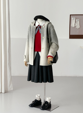 韩系连帽渐变灰色毛呢大衣女中长款系带外套温柔风高级感气质HL65