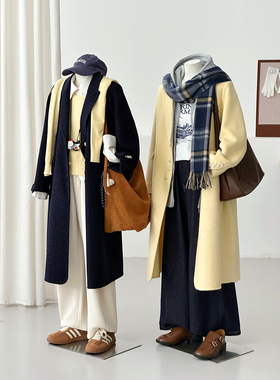 韩系学院风连帽长款毛呢大衣女秋冬减龄百搭温柔风外套ZX12