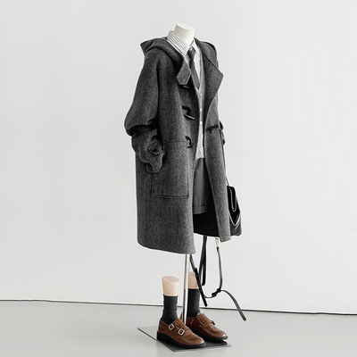 灰色连帽牛角大衣夹棉长款外套