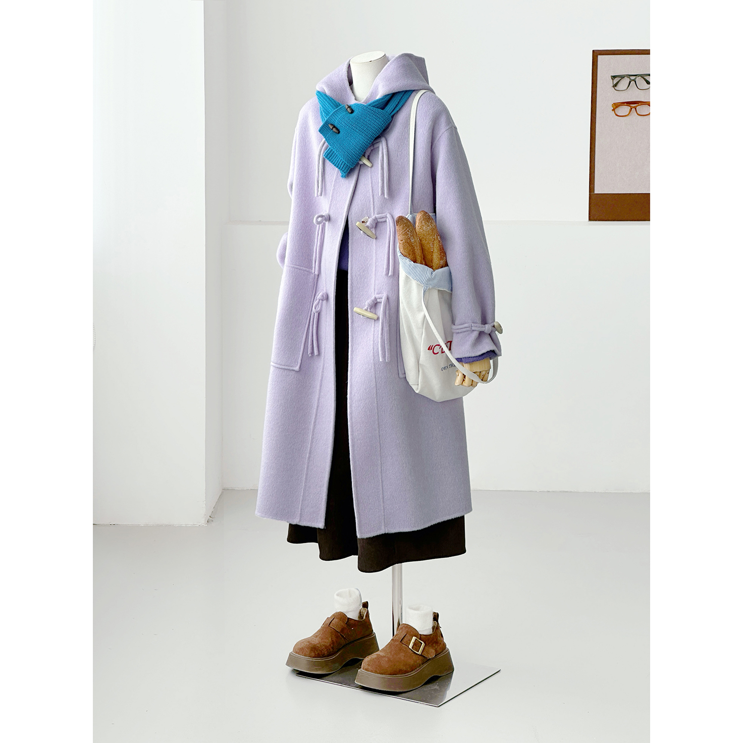 【诗韵溢彩】韩系甜美设计感连帽长款百搭紫色羊毛大衣外套ZX10