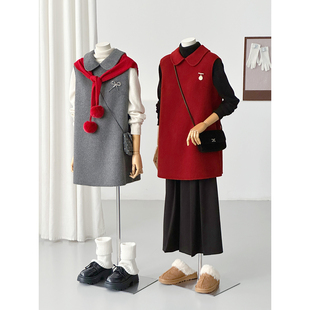千金风娃娃领羊毛呢背心裙套装 女秋冬学院风红色毛呢外套HL169