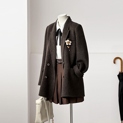 秋冬新显瘦小个子学院复古人字纹西装领羊毛毛呢大衣外套HL27-4