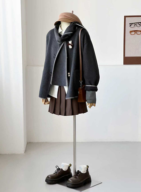 温柔风围巾款双面呢大衣女深灰色中长款宽松气质毛呢外套FS06