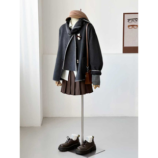满减温柔风围巾款双面呢大衣女深灰色中长款宽松气质毛呢外套FS06