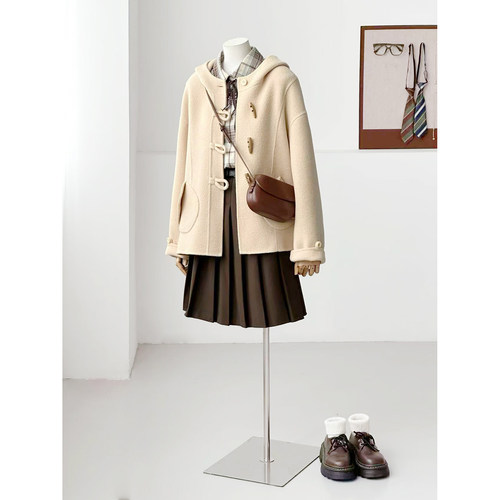 清仓特惠-【樱草稻田】减龄可爱学院连帽牛角扣双面羊毛大衣FS13