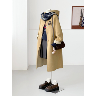 满减冬减龄韩系学院风奶咖连帽百搭手缝绵羊毛大衣外套HL57