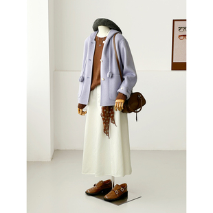 学院风紫色毛呢大衣女秋冬减龄小个子连帽中长款外套HL43-2