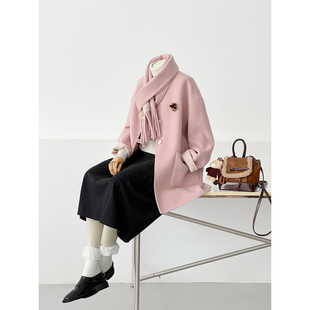 时髦小姨风粉色羊毛呢大衣女中长款系带翻领外套韩版HL155