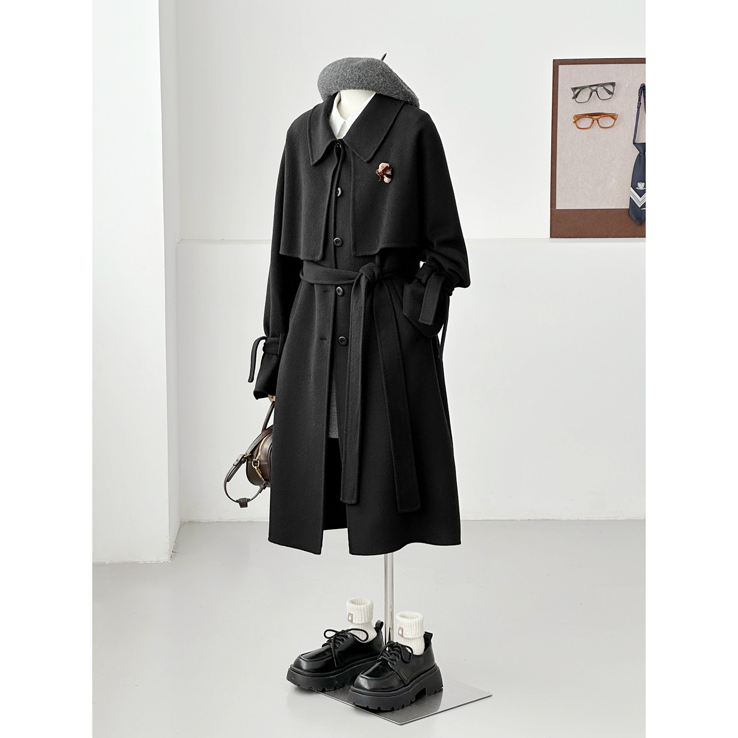 满减老钱风黑色长款毛呢大衣女西装领系带收腰通勤外套HL146,女装/女士精品,毛呢外套,淘宝优惠券,粉丝福利购,淘宝优惠卷