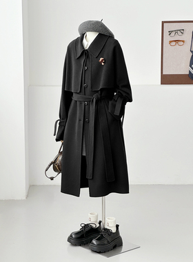 满减老钱风黑色长款毛呢大衣女西装领系带收腰通勤外套HL146