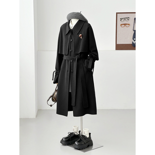 满减老钱风黑色长款毛呢大衣女西装领系带收腰通勤外套HL146