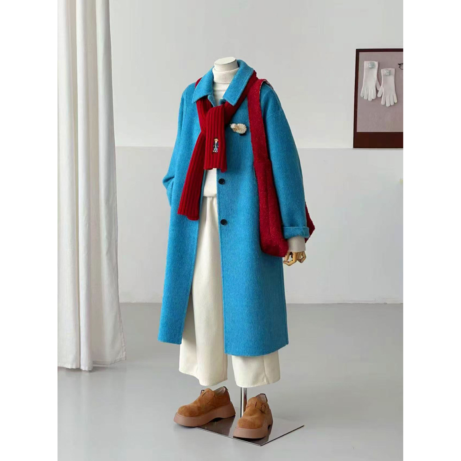 韩系风双面羊毛呢大衣女长款蓝色翻领宽松百搭气质外套HL167