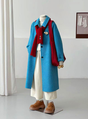 韩系风双面羊毛呢大衣女长款蓝色翻领宽松百搭气质外套HL167