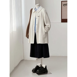 山羊绒减龄学院风娃娃领刺绣羊毛毛呢大衣外套ZX17 皓雪凝霜