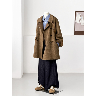 满减英伦老钱风双排扣翻领毛呢大衣女中长款棕色外套HL108-1