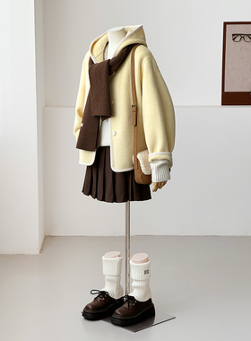 【芝士布蕾】秋冬珠边减龄小个子学院风连帽甜美羊毛大衣外套FS15