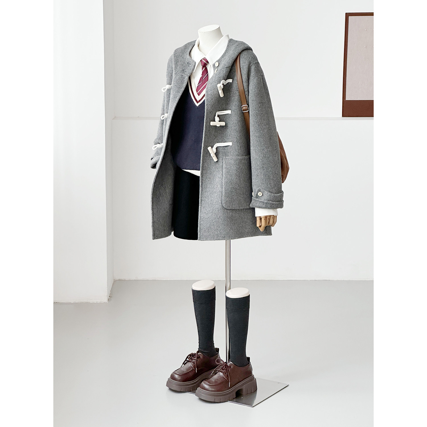 秋冬减龄韩系学院风连帽灰色牛角扣百搭手缝绵羊毛大衣外套hl62,女装/女士精品,毛呢外套,淘宝优惠券,粉丝福利购,淘宝优惠卷