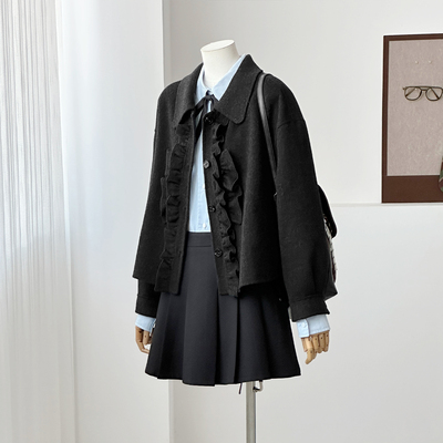 秋冬新显瘦小个子休闲减龄少女学院风手缝木耳边羊毛毛呢大衣外套