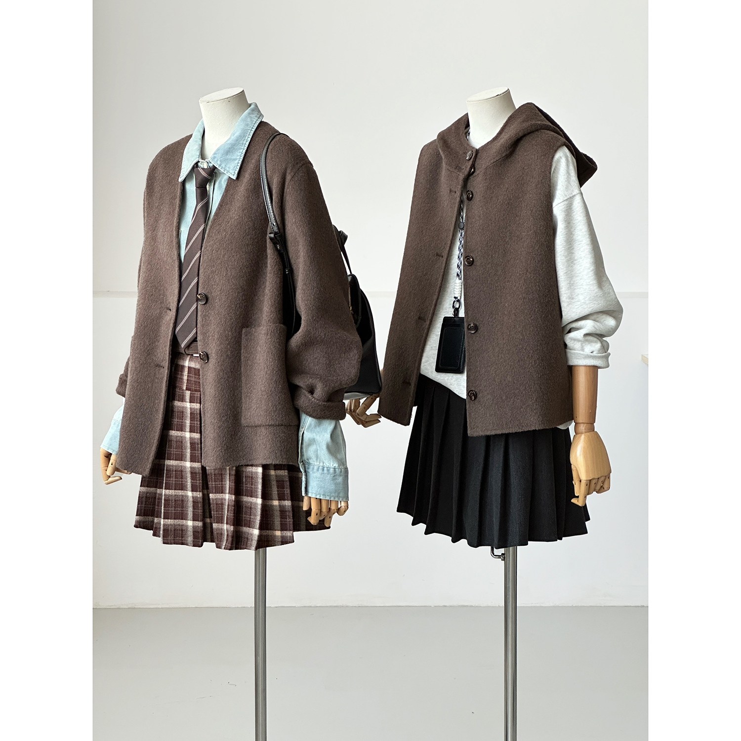 韩系学院风连帽两件套毛呢大衣女短款羊毛外套秋冬HL69