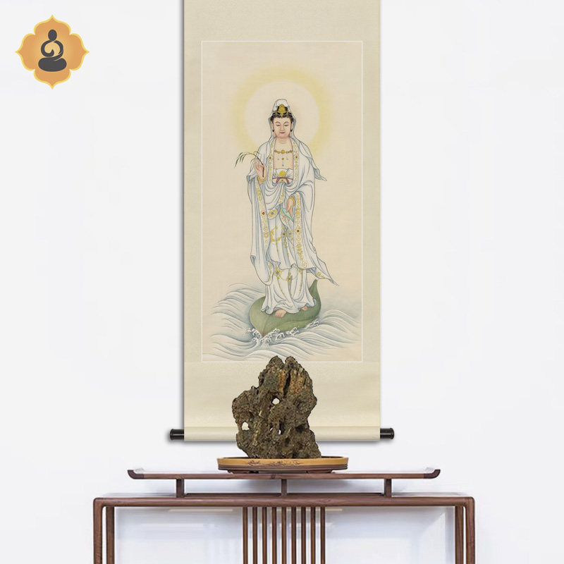 工笔人物国画一叶观音菩萨画像白衣观音洒水观音中式卷轴供奉挂画