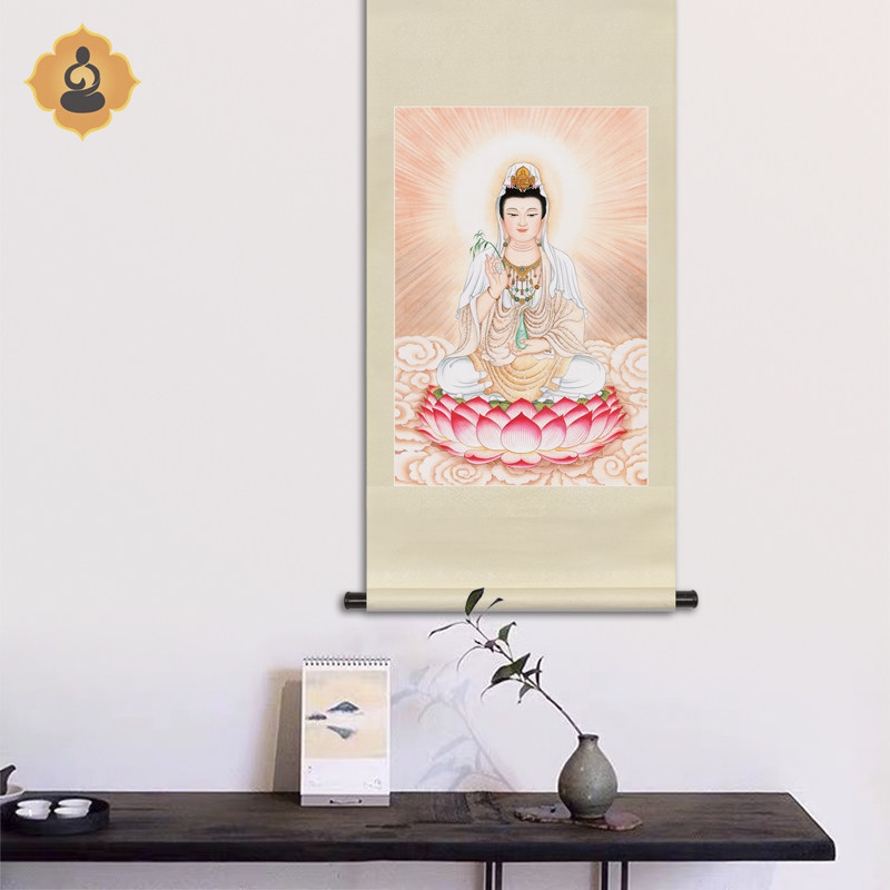 工笔佛像国画坐莲白衣观音菩萨画像佛堂玄关书房供奉中式卷轴挂画