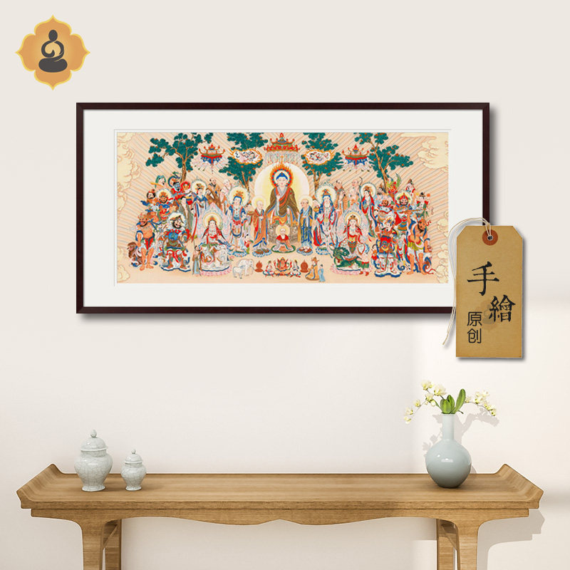 手绘真迹工笔人物画佛陀释迦牟尼法会图客厅书房中式卷轴画框挂画