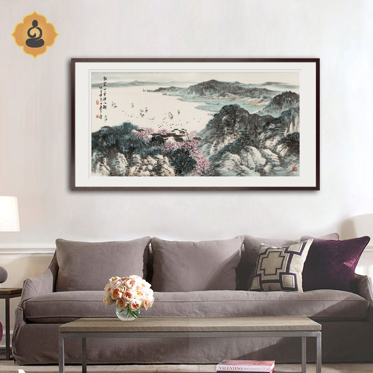 横幅写意山水风景国画湖光山色客厅书房办公室现代中式装饰画挂画