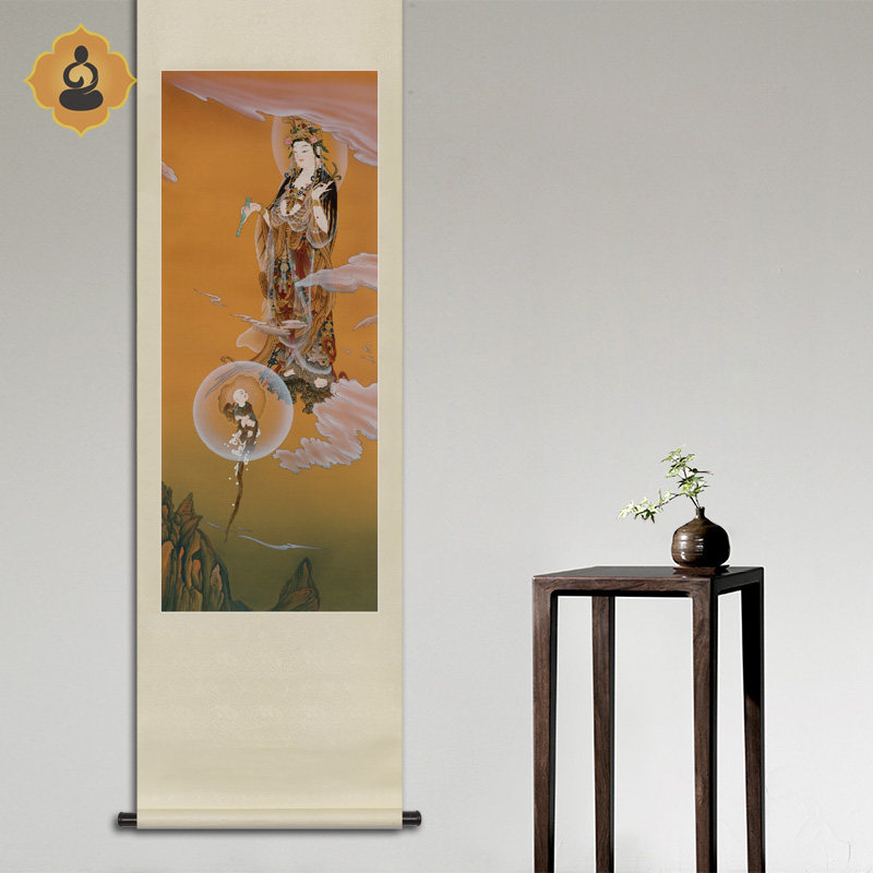 工笔人物国画童子送子观音菩萨画像玄关书房供奉中式卷轴画框挂画