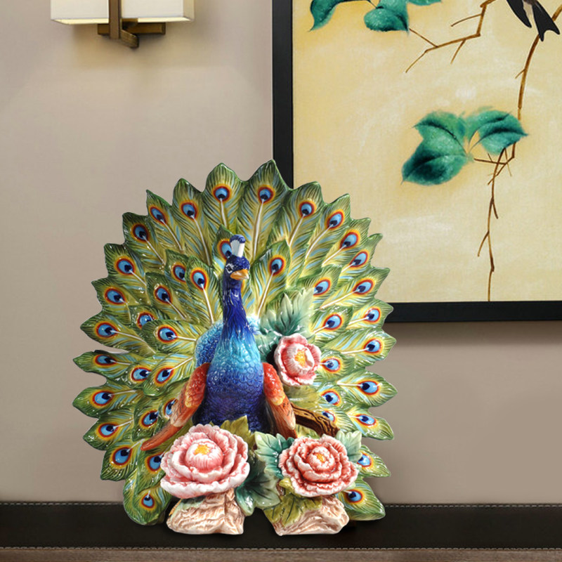 中式陶瓷摆设孔雀开屏花开富贵家居装饰工艺品釉下彩五彩孔雀礼品