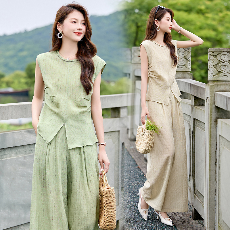 女装高端无袖套装2025夏季新款时尚休闲简约流行亚麻两件套裤