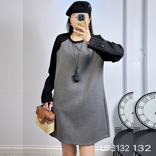 特！3132秋冬加大码卫衣女 200斤胖妹mm空气棉长袖撞色中长打底裙