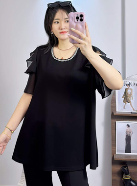 香港芸卉26620夏季加大码中长衫女 210斤胖妹m空气棉时装雪纺短袖