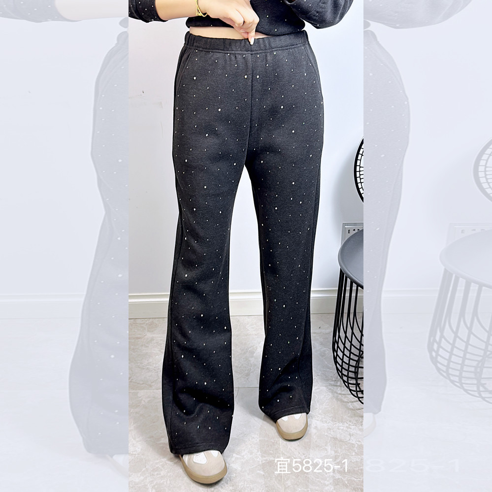 宜语析5825-1冬大码加绒微喇裤女 190斤胖mm松紧带腰烫钻显瘦长裤