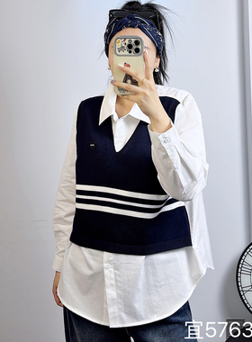 宜语析5763秋冬加大码假两件套女 200斤胖妹mm纯棉衬衫长袖打底衫