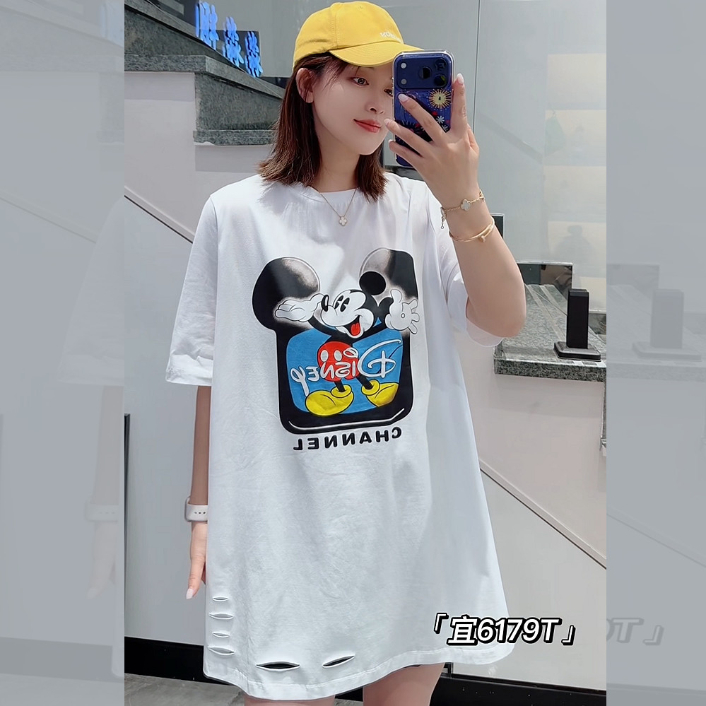 宜语析6179夏加大码五分短袖T恤女 210斤胖妹m纯棉破洞长款中长衫