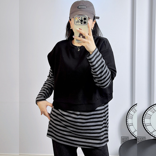 两件套 200斤胖妹mm纯棉马夹条纹长袖 宜语析5771秋冬加大码 卫衣女