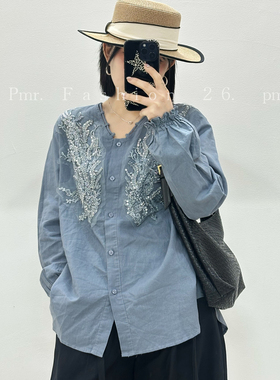 宜语析6030春加大码衬衫女 200斤胖妹mm显瘦V领长袖衬衣棉麻开衫