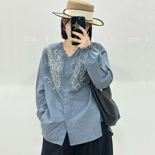 200斤胖妹mm显瘦V领长袖 宜语析6030春加大码 衬衫 女 衬衣棉麻开衫