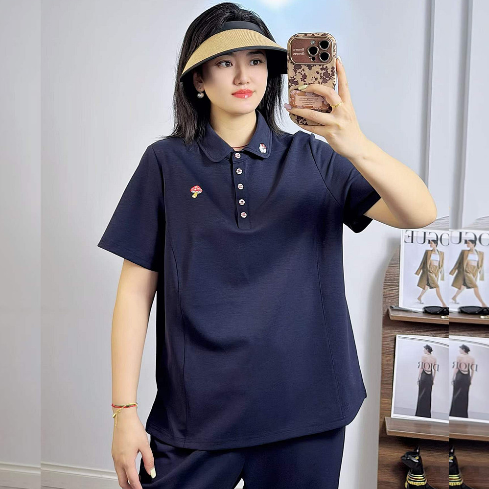 米莱奇66103夏加大码短袖T恤女 200斤胖妹mm空气棉显瘦翻领POLO衫